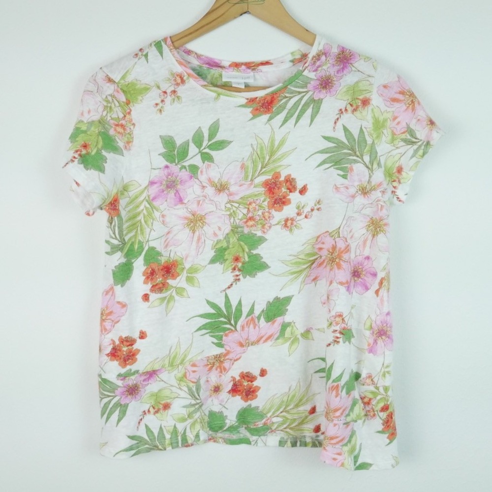 J. Jill Love Linen Floral Short Sleeve Tee Knit Jersey Tropical Beach‎ Small